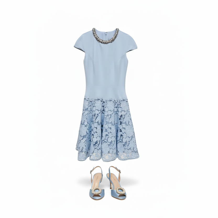 Sky Blue Embellished Lace Hem Mini Dress