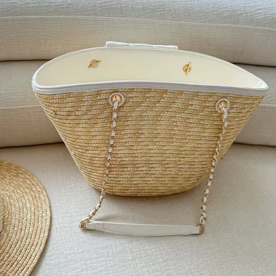 Woven Straw Shoulder Bag Black - white Trim Small Summer Tote