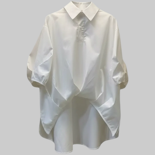 White Oversized Irregular Poplin Collared Short Sleeve Shirt| L’LUXE Tops