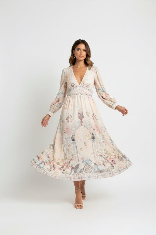 Women’s Printed Ankle-Length V-Neck Dress | Long Sleeve Sheath Maxi Dress