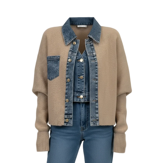Women’s Denim Patchwork Knit Cardigan Jacket – Cropped Loose Fit –
