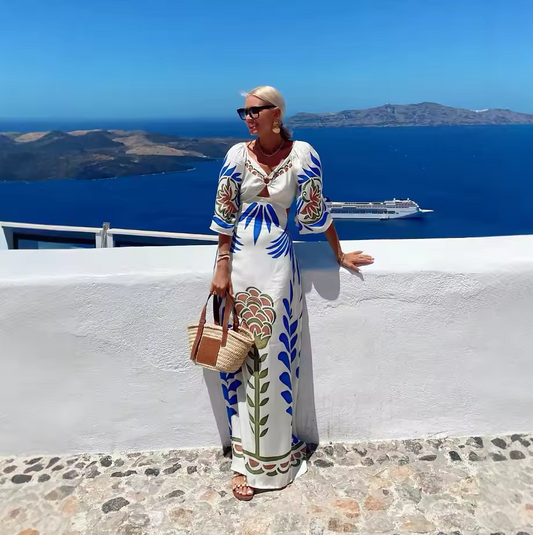 Bohemian White Maxi Dress - V-Neck Lace-Up Backless A-Line Vacation Dress with Half Sleeves