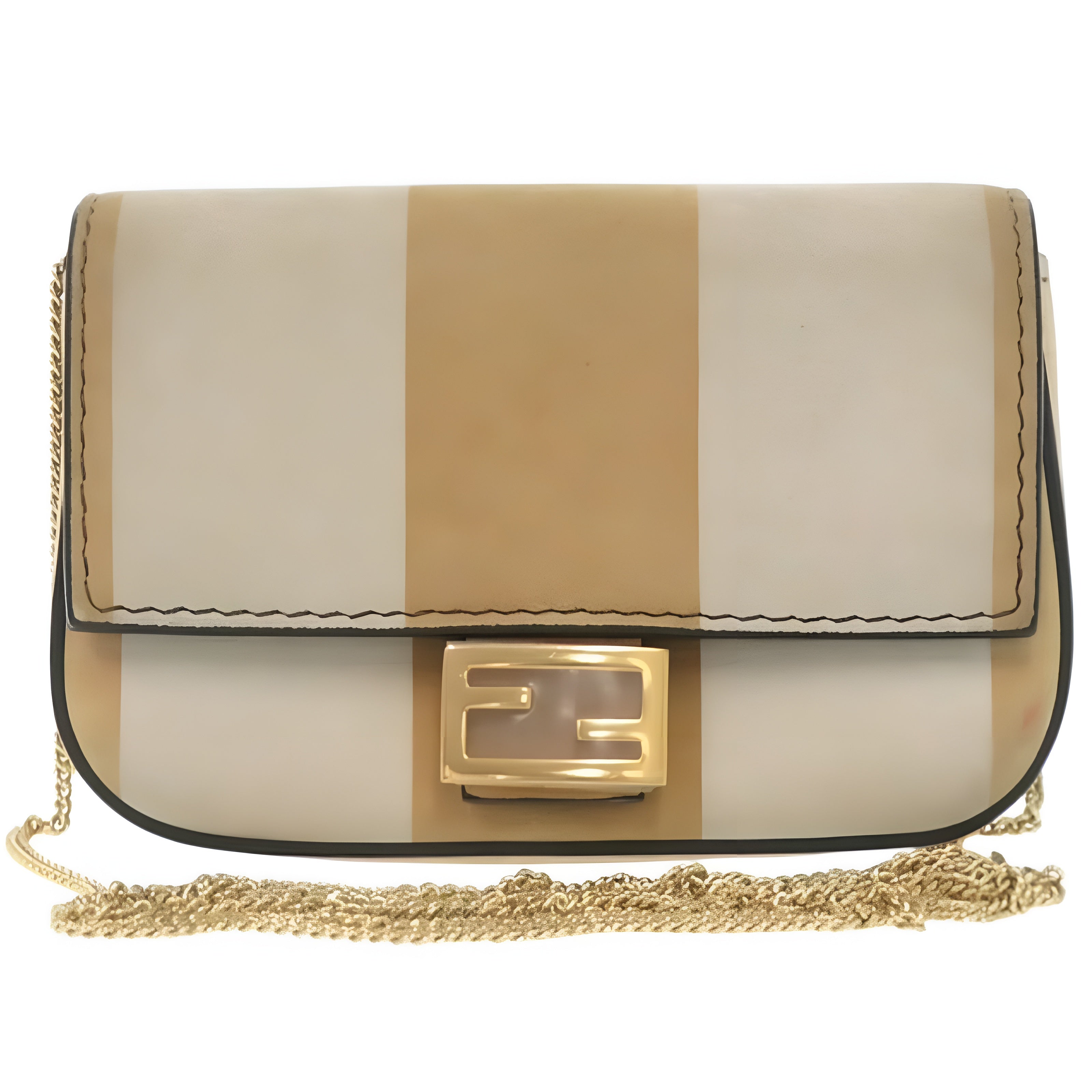FENDI Nano Baguette Chain Charm Bag Beige Cream Stripes Authentic Previously Owned