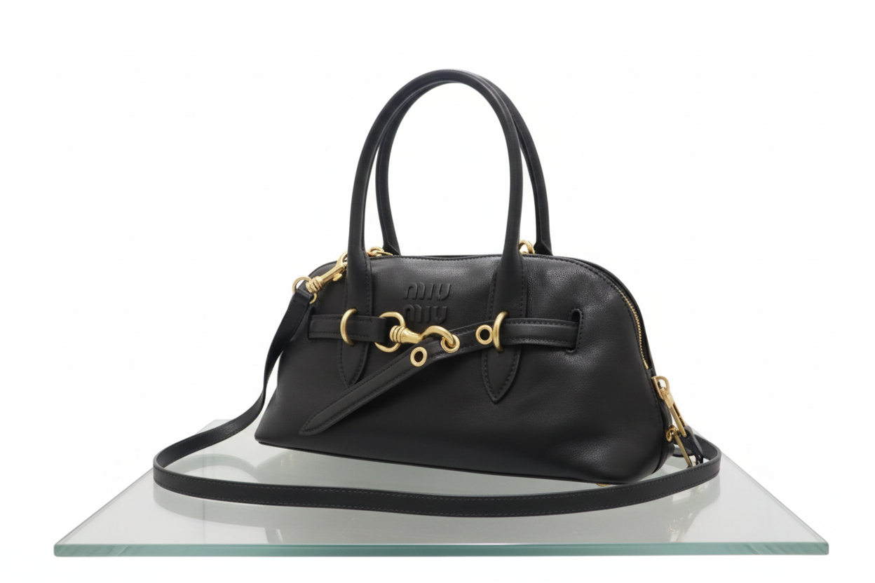 Miu Miu Aventure Top Handle Lambskin Black Gold Hardware 2-Way Shoulder Bag Previously Owned Authentic