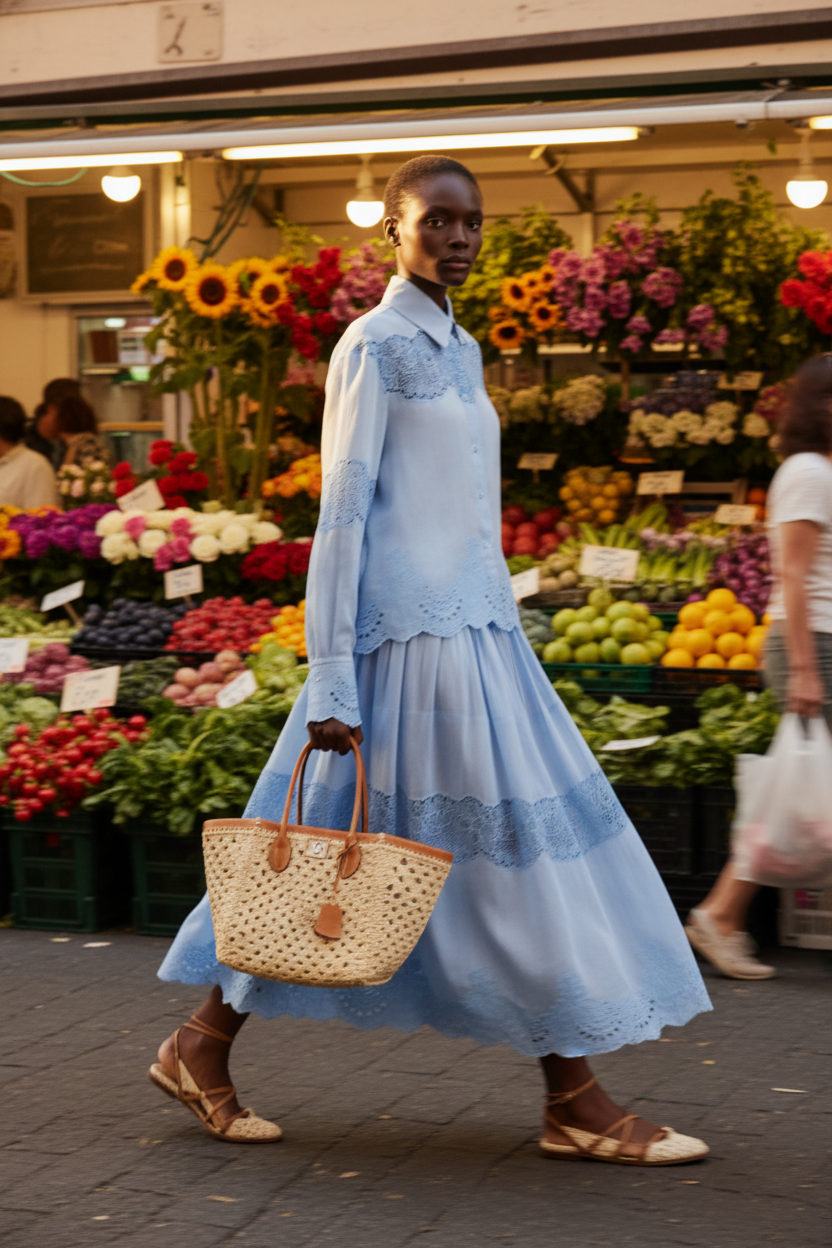 Blue & White Silk Linen Embroidered Lace Shirt or Pleated Skirt Set