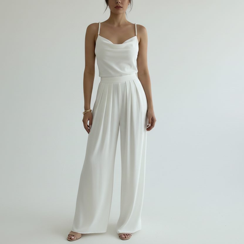 Pearl Strap Cowl Neck Wide-Leg Jumpsuit for Women – Sleeveless Backless One-Piece Elegant Evening Outfit