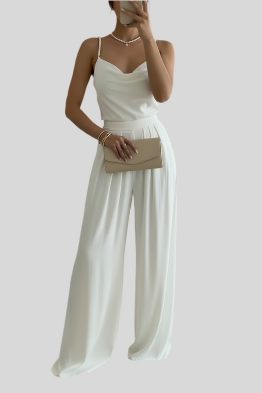 Pearl Strap Cowl Neck Wide-Leg Jumpsuit for Women – Sleeveless Backless One-Piece Elegant Evening Outfit