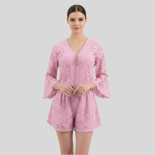 Women’s Lace Two-Piece Set – V-Neck Top & Flowy Shorts, Bell Sleeves, Summer  Outfit