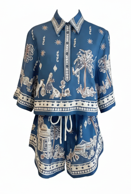 Printed Linen Polo Top & Drawstring Shorts in Blue