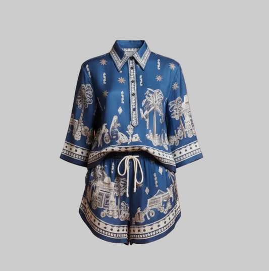 Acacia Blue Linen Polo Top & Drawstring Shorts Set | L’LUXE Luxury Edit