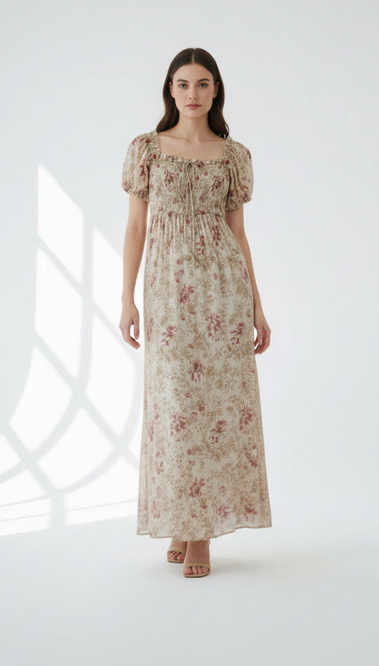 Floral Cotton Puff Sleeve Mid-Calf Dress – Pink | L’LUXE Best Dressed Edit