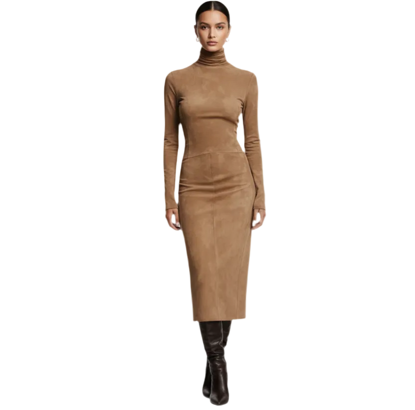 High Neck Suede-Effect Bodycon Midi Dress – Long Sleeve Slim Fit Winter