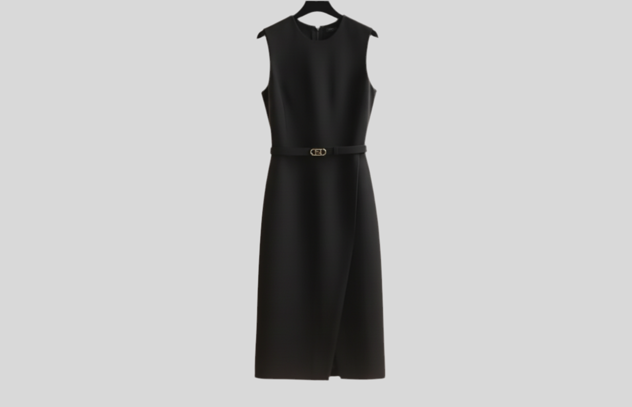 Black Structured Midi Belted Dress – Sleeveless Elegant Slim Fit