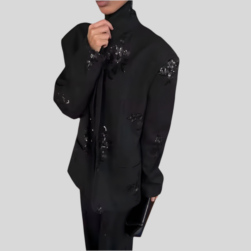 Women’s Chic Black Embroidered Blazer & Wide-Leg Pants Set – Full Sleeve – Elegant Lapel V-Neck