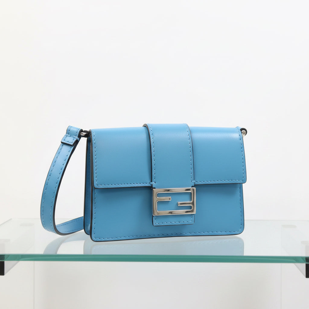 FENDI Micro Flat Baguette Light Blue Leather Shoulder Bag Authentic Previously Owned