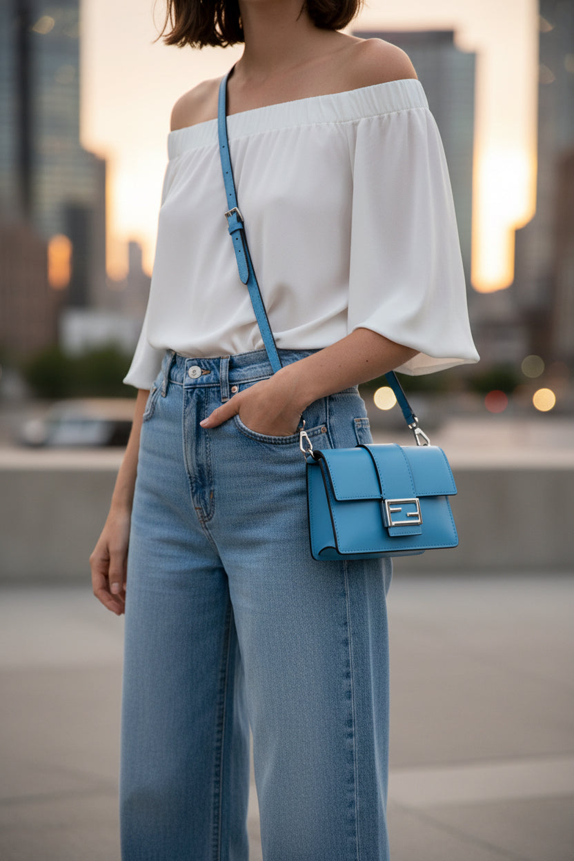FENDI Micro Flat Baguette Light Blue Leather Shoulder Bag Authentic Previously Owned