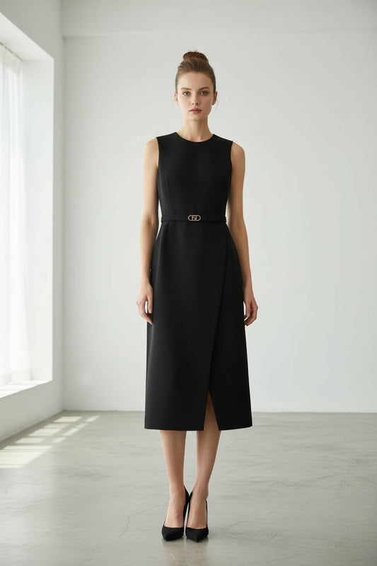 Black Structured Midi Belted Dress – Sleeveless Elegant Slim Fit
