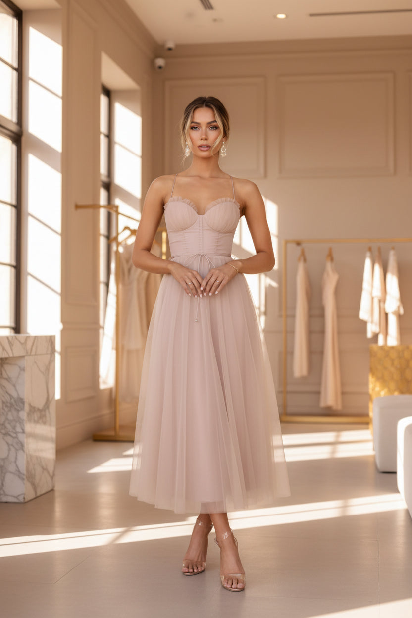 Luxury Mesh Corset Midi Dress - Spaghetti Strap A-Line Tulle Gown - Evening & Party Wear