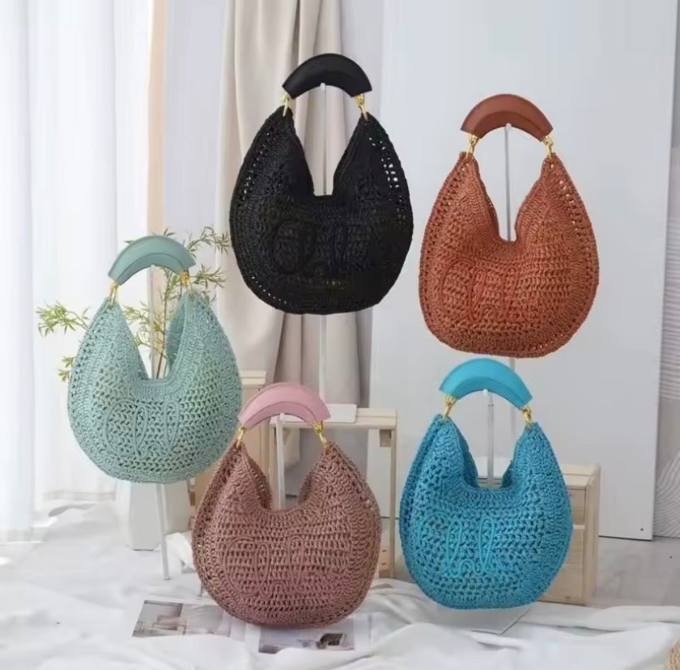 Crescent Straw Woven Shoulder pouch– Hollow Knit Hobo – Multiple Colors (Generic)