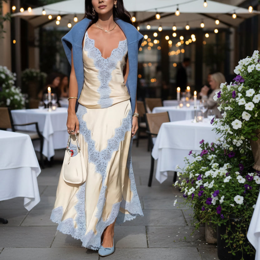 Satin Lace Two-Piece Set - Blue Embroidered Camisole & Maxi Skirt - Elegant Summer
Matching Outfit