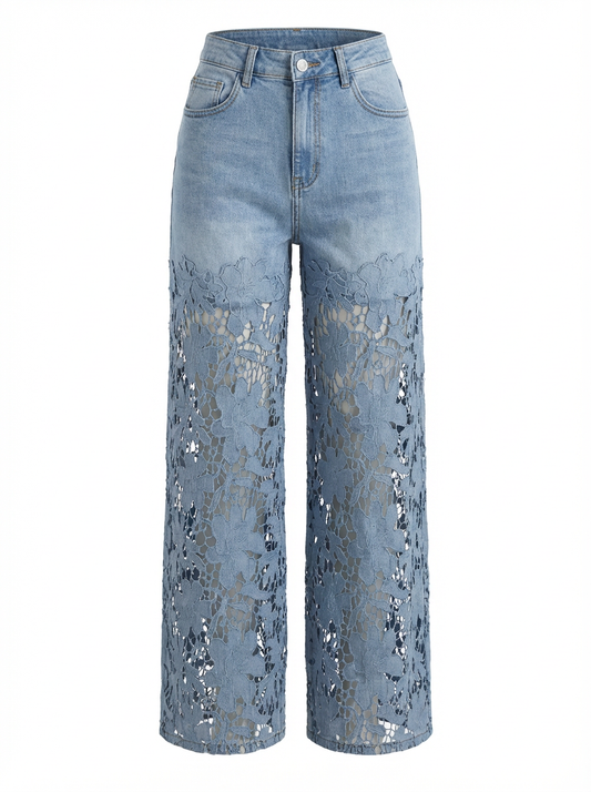 Blue High-Waist Cutout Lace Denim Pants  | Curve | L’LUXE Bottoms