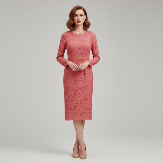 Coral Pink Floral Lace Midi Dress with Slip – Long Sleeve | L’LUXE Luxury Edit