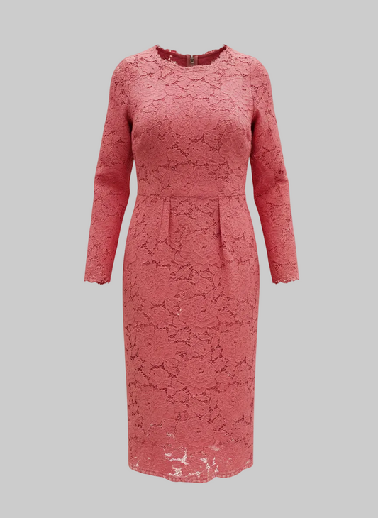 Coral Pink Floral Lace Midi Dress with Slip – Long Sleeve | L’LUXE Luxury Edit