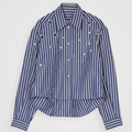 Blue Striped Beaded Rhinestone Cotton Blouse – Cropped Layered Hem