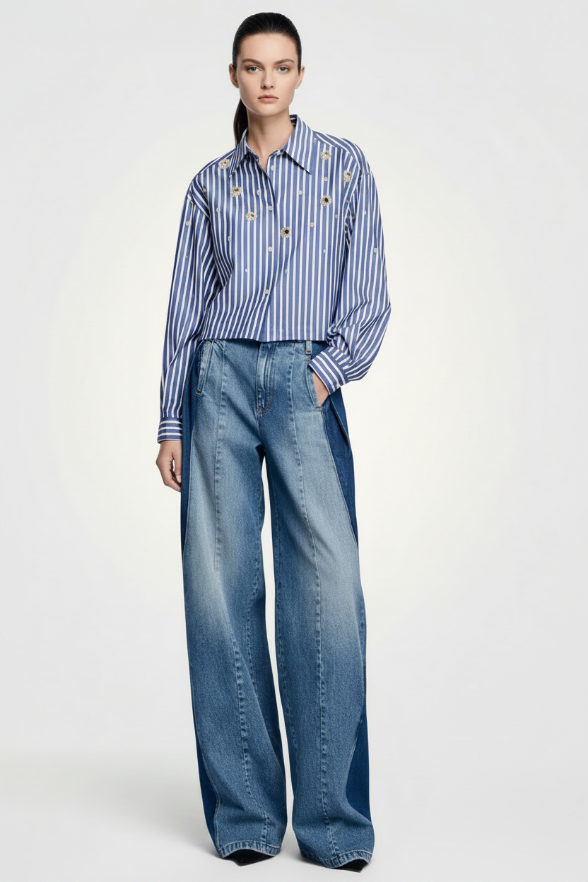 Blue Striped Beaded Rhinestone Cotton Blouse – Cropped Layered Hem