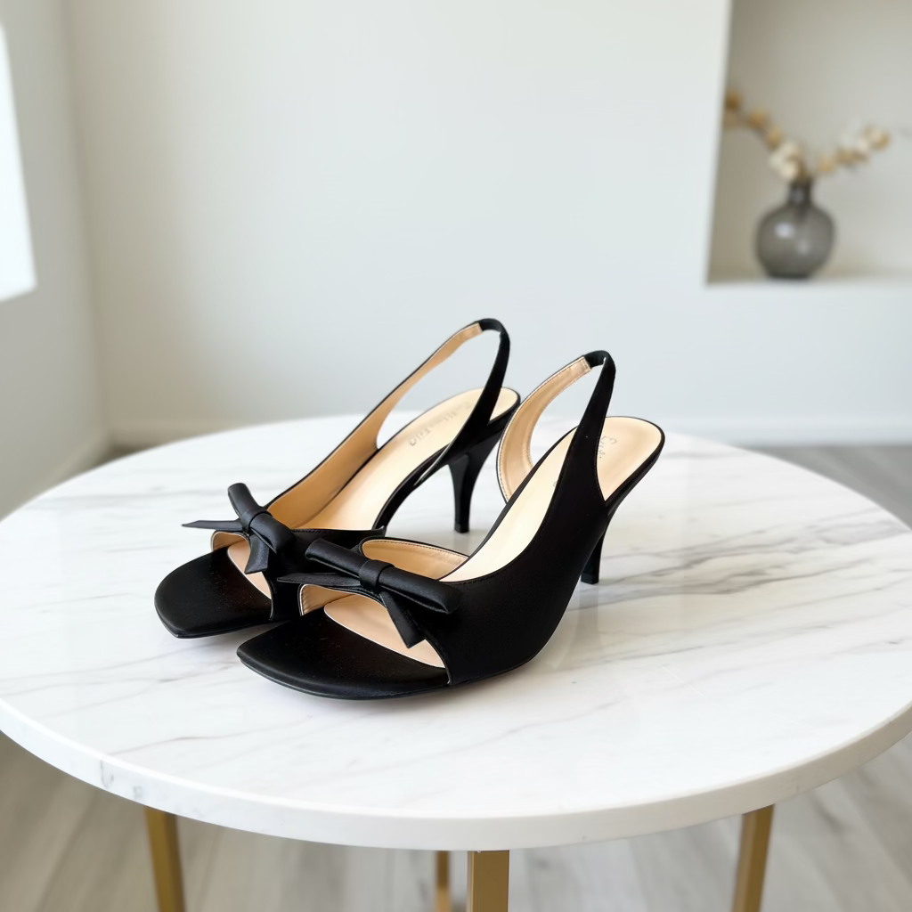 Square Head Satin Leather Bow Detail Slingback Stilettos Sandals *Editors Pick* Recommended