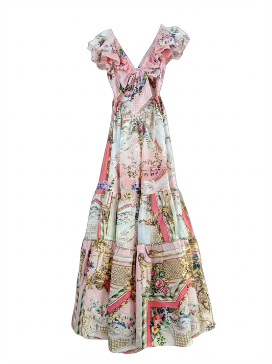 Floral Pink Gingham Deep V Back Bow Tie Midi Dress | L’LUXE Luxury Edit