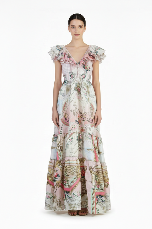 Floral Pink Gingham Deep V Back Bow Tie Midi Dress | L’LUXE Luxury Edit