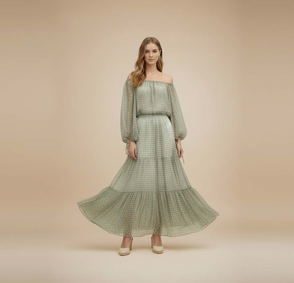 Checkered Sage Off-the-Shoulder Blouse & Maxi skirt Set | L’LUXE  Luxury Edit
