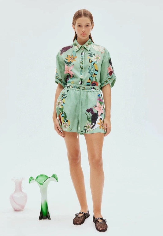 Green Printed Linen Shirt & Shorts Set | L’LUXE Luxury Edit