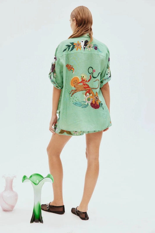 Green Printed Linen Shirt & Shorts Set | L’LUXE Luxury Edit