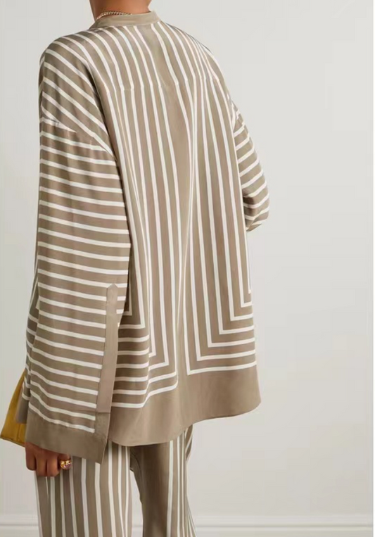 Silk Taupe Striped Shirt & Wide-Leg Pants Set | L’LUXE Luxury Edit