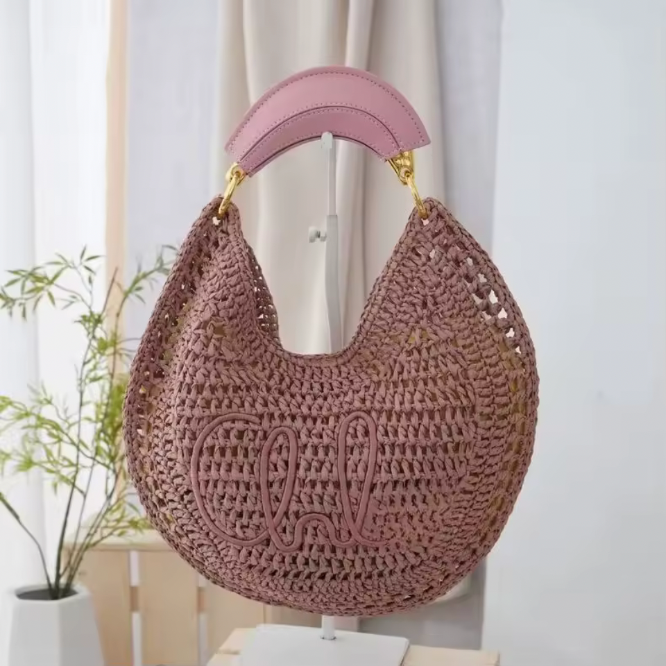 Crescent Straw Woven Shoulder pouch– Hollow Knit Hobo – Multiple Colors (Generic)