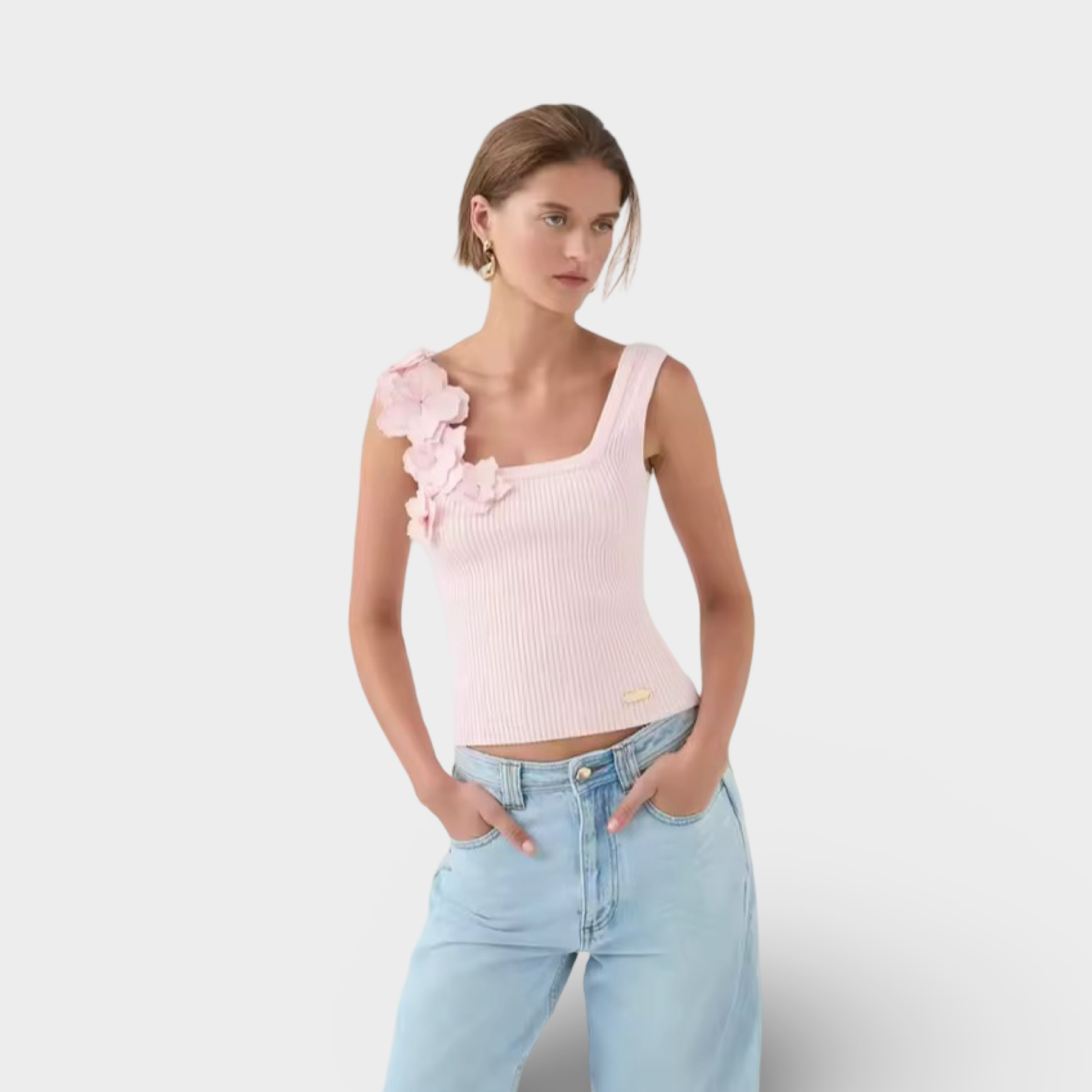 Ribbed Floral Appliqué Knit Tank
