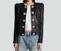 Black Sequin Crystal Button Jacket – Elegant Round Neck Statement Coat -