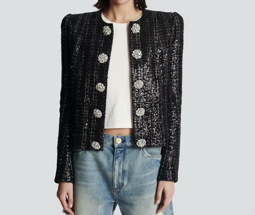 Black Sequin Crystal Button Jacket – Elegant Round Neck Statement Coat -