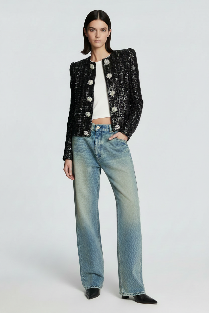 Black Sequin Crystal Button Jacket – Elegant Round Neck Statement Coat -