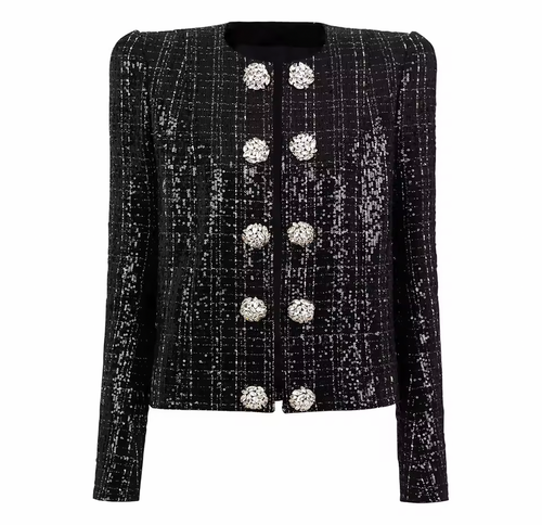 Black Sequin Crystal Button Jacket – Elegant Round Neck Statement Coat -