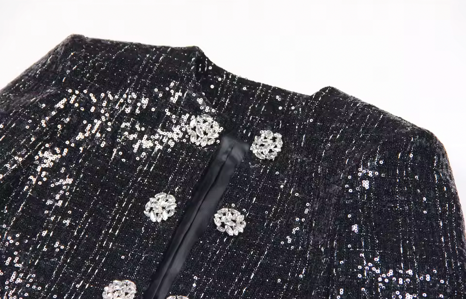 Black Sequin Crystal Button Jacket – Elegant Round Neck Statement Coat -