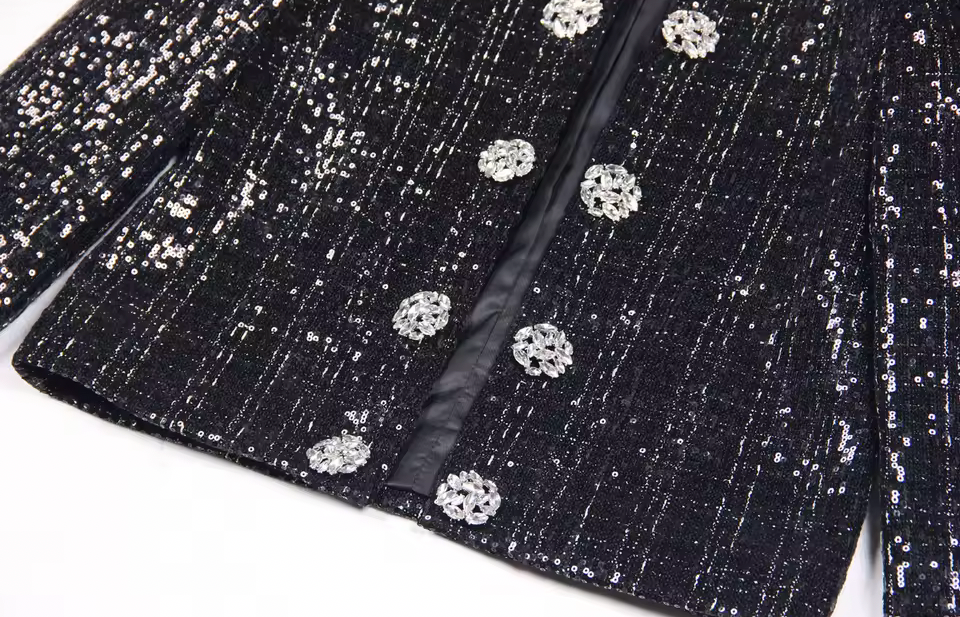 Black Sequin Crystal Button Jacket – Elegant Round Neck Statement Coat -