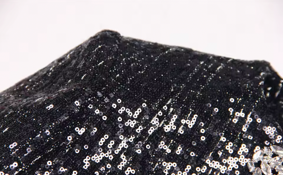 Black Sequin Crystal Button Jacket – Elegant Round Neck Statement Coat -