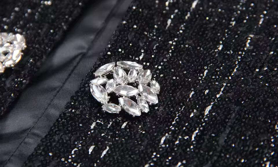 Black Sequin Crystal Button Jacket – Elegant Round Neck Statement Coat -