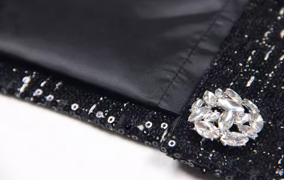 Black Sequin Crystal Button Jacket – Elegant Round Neck Statement Coat -