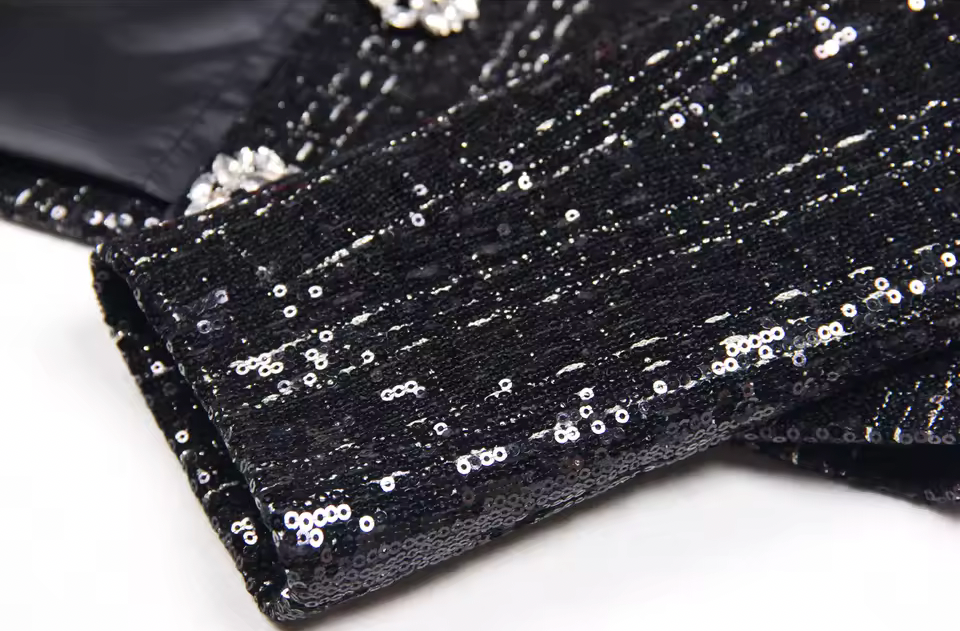 Black Sequin Crystal Button Jacket – Elegant Round Neck Statement Coat -