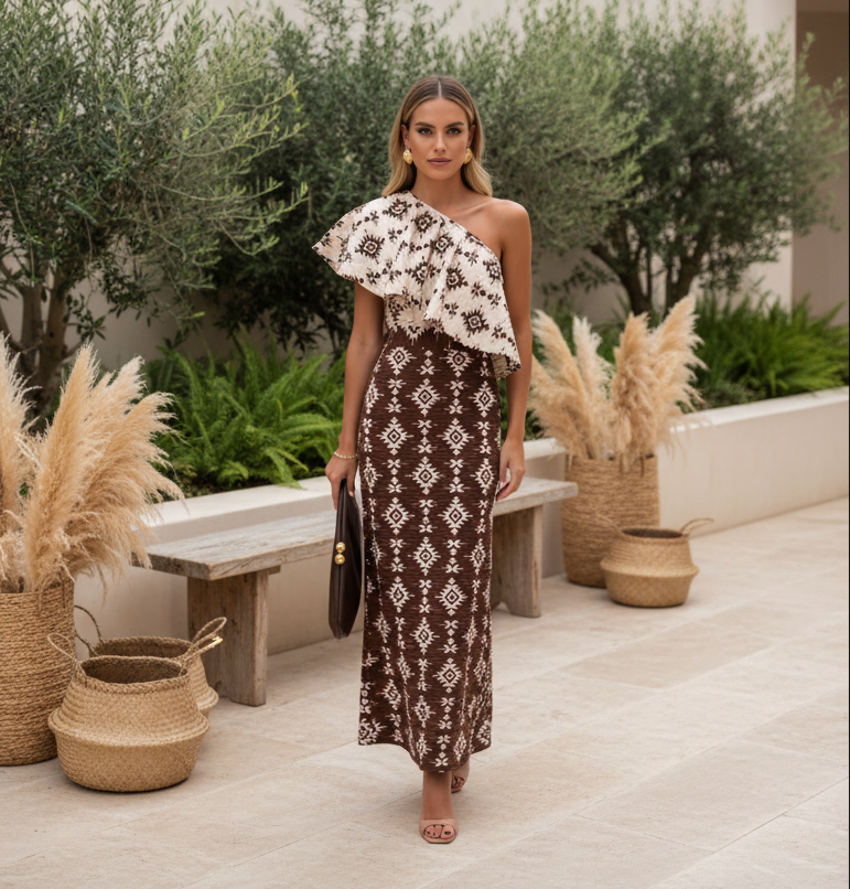 Bohemian Brown & Cream Print One-Shoulder Dress