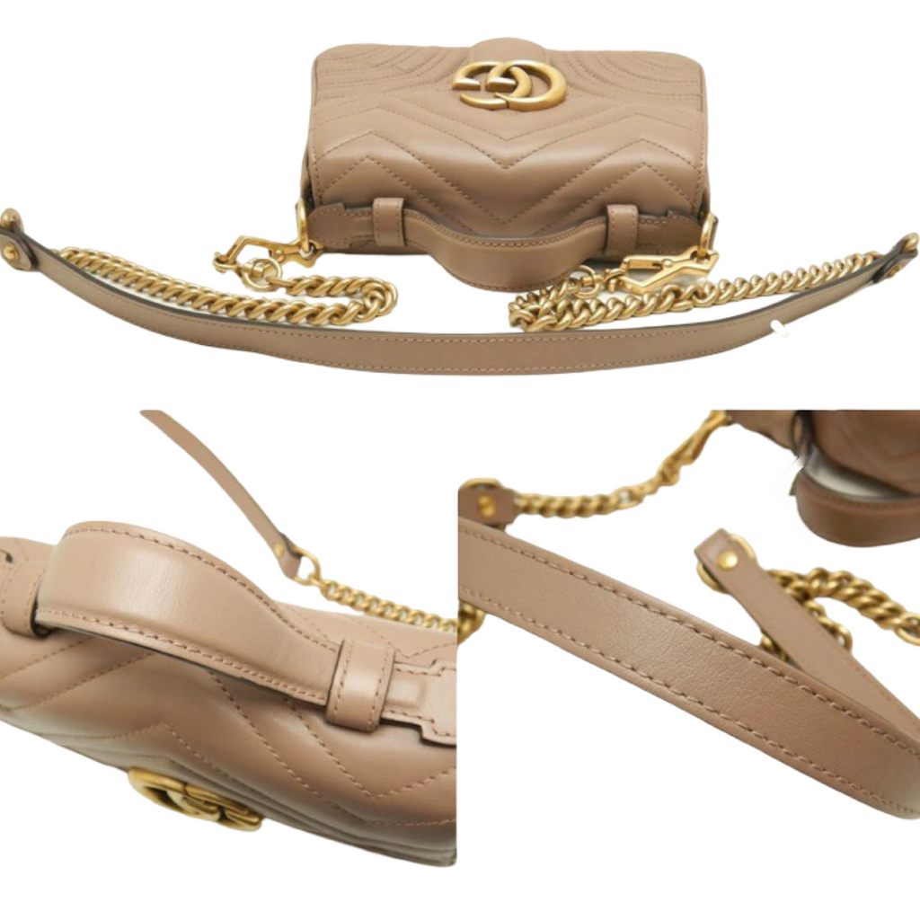 Gucci GG Marmont Mini Top Handle Bag Dusty Pink Leather Antique Gold Hardware Previously Owned Authentic